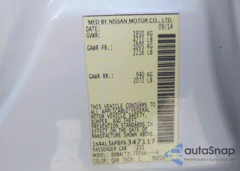 2015 Nissan Altima 2.5 Sl from USA, damaged, VIN 1N4AL3AP8FN347117